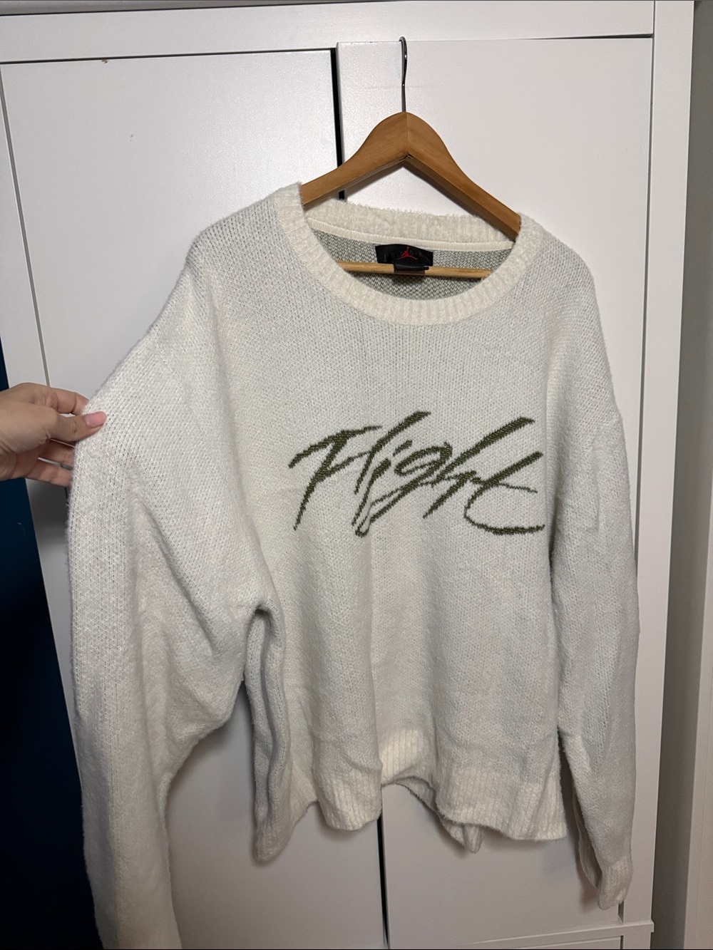 Nike White Crewneck Sweater with Olive Script 'Flight'